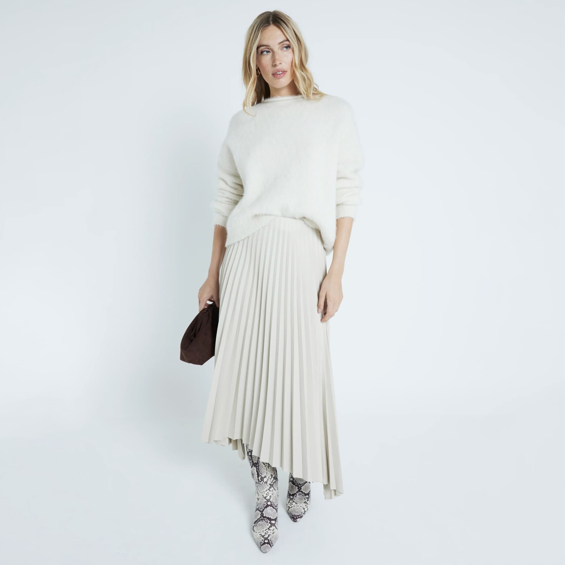 River Island River Island Womens Cream Faux Leather Pleated Midi Skirt