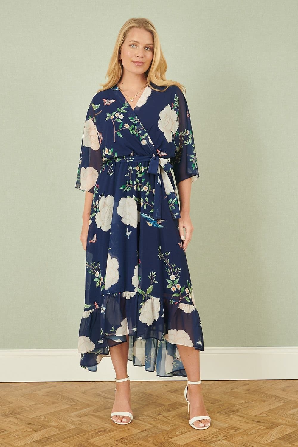 Yumi Yumi Women's Navy Bird & Floral Print Midi Wrap Dress