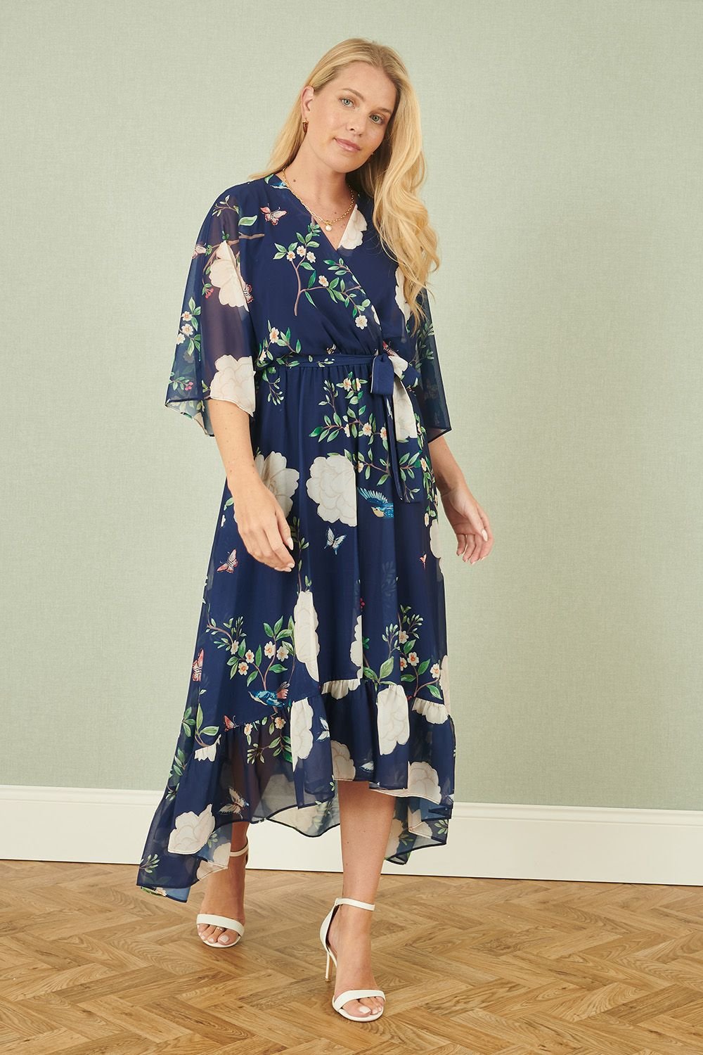 Yumi Yumi Women's Navy Bird & Floral Print Midi Wrap Dress - 2