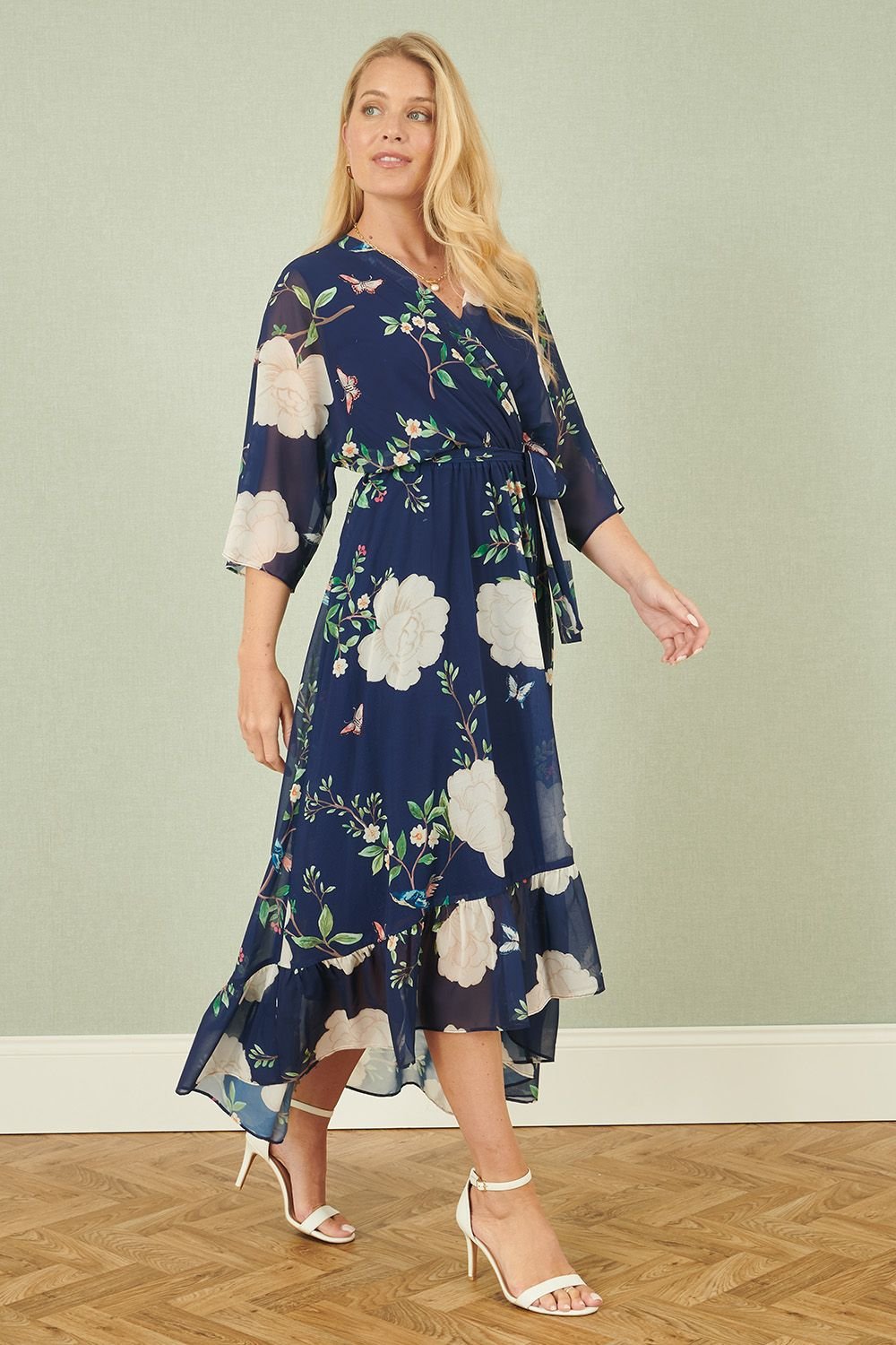 Yumi Yumi Women's Navy Bird & Floral Print Midi Wrap Dress - 3