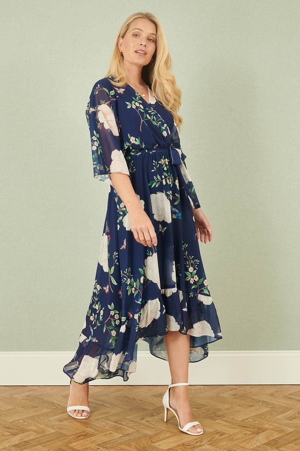 Yumi Yumi Women's Navy Bird & Floral Print Midi Wrap Dress - 4