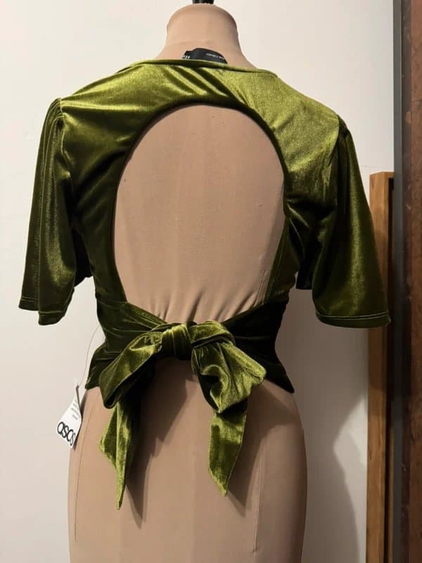 ASOS Design pine green velvet velour puff sleeve ribbon bow tie open back size 10