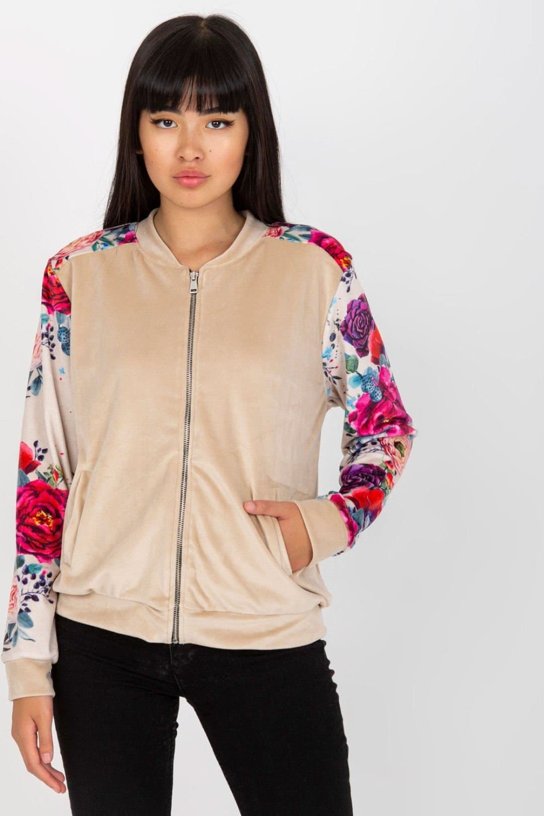 Love Lace Love Lace Women's Velour Flower Bomber Jacket with Zipper Pockets in Beige