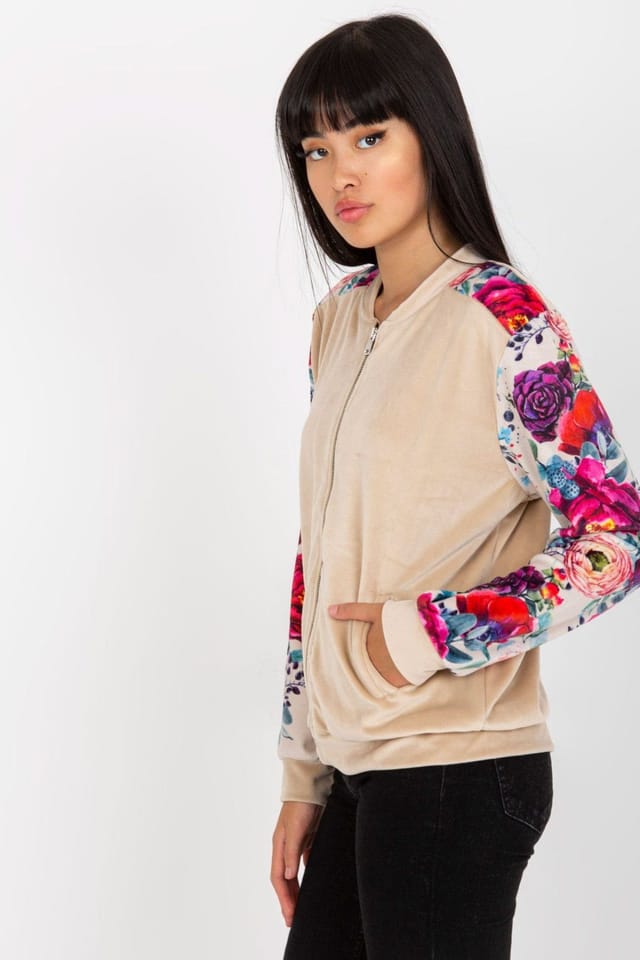 Love Lace Love Lace Women's Velour Flower Bomber Jacket with Zipper Pockets in Beige - 2