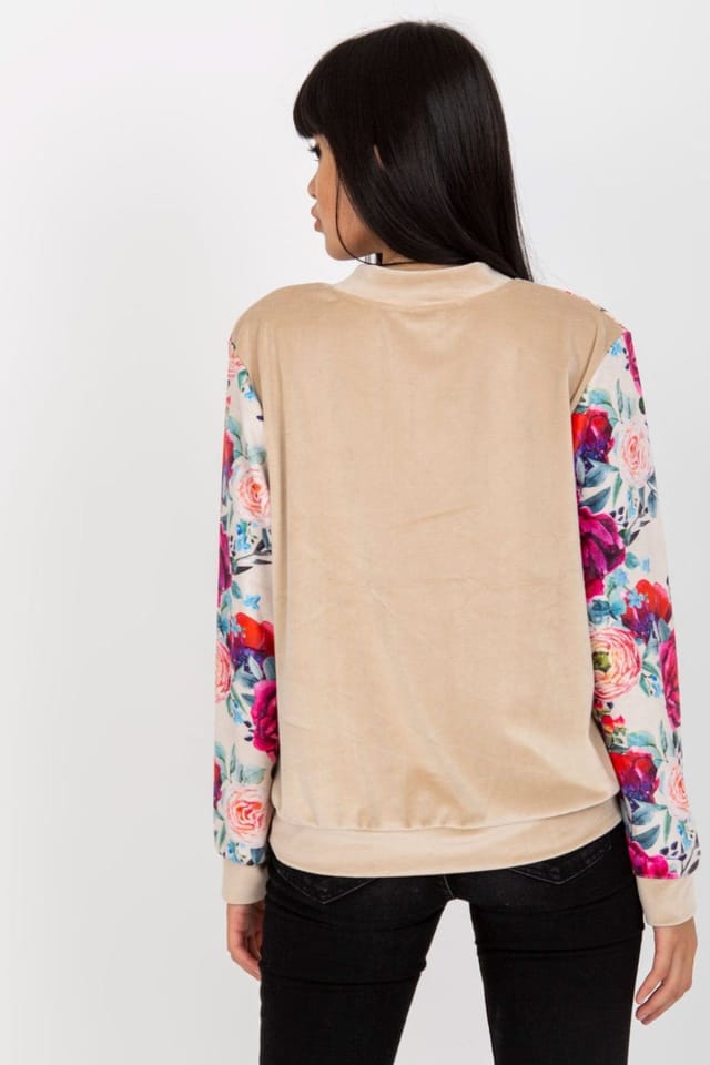 Love Lace Love Lace Women's Velour Flower Bomber Jacket with Zipper Pockets in Beige - 3