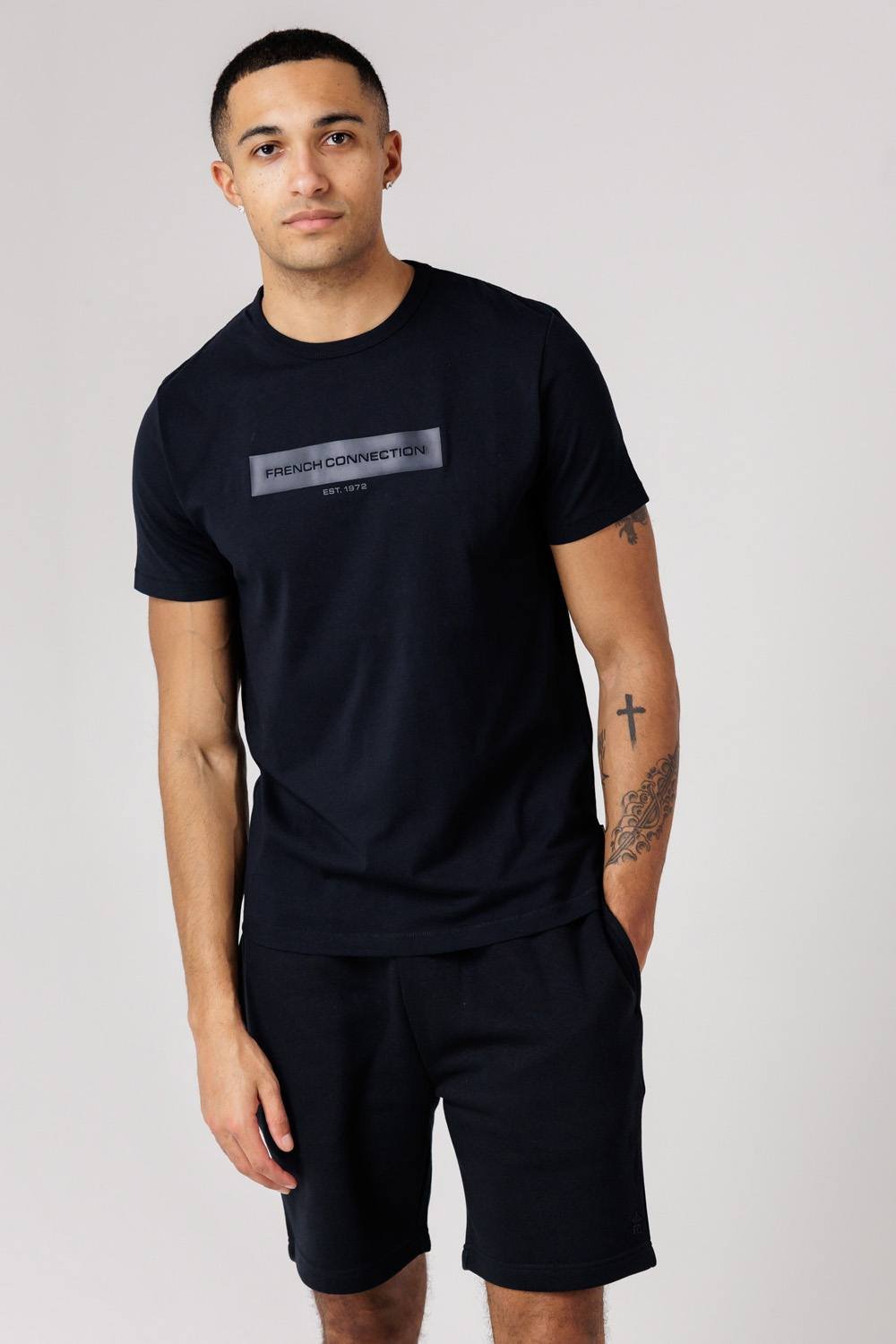 French Connection French Connection Men's Cotton Chest Patch T-Shirt & Shorts Co Ord Set in Navy - 2