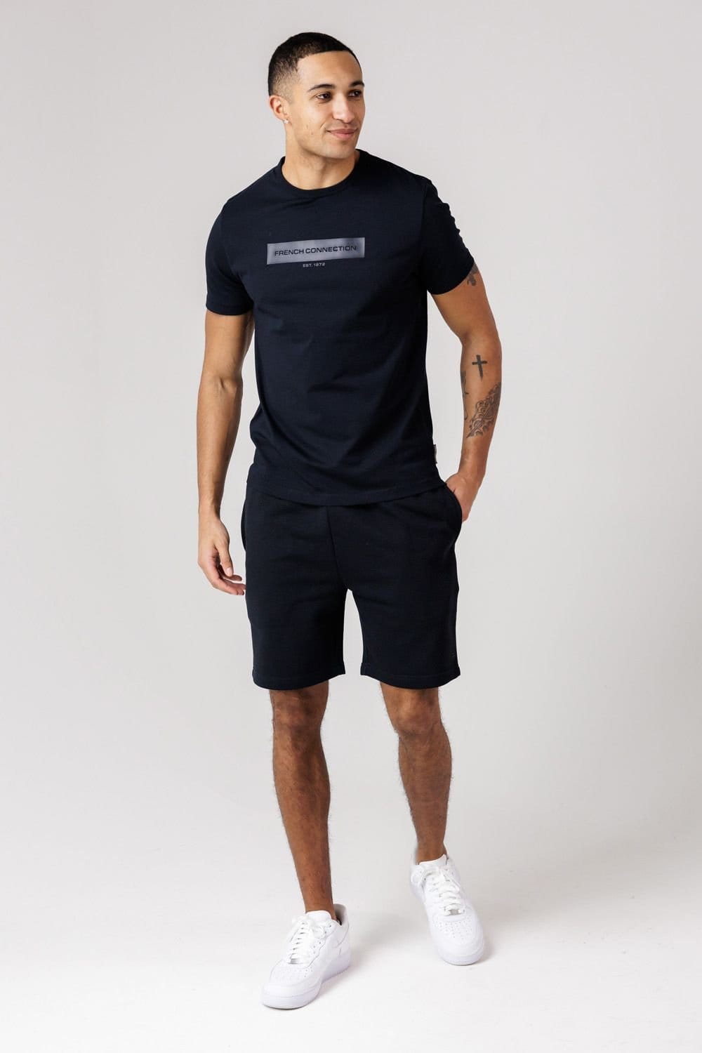 French Connection French Connection Men's Cotton Chest Patch T-Shirt & Shorts Co Ord Set in Navy - 4