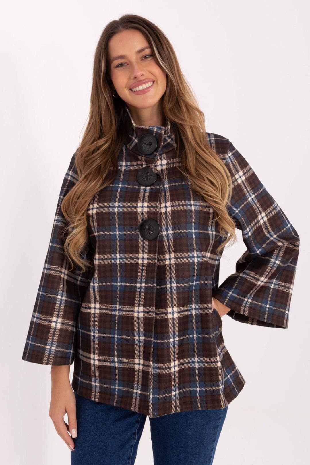 Love Lace Love Lace Women's Stylish Timeless Checkered Stand Collar Coat in Brown