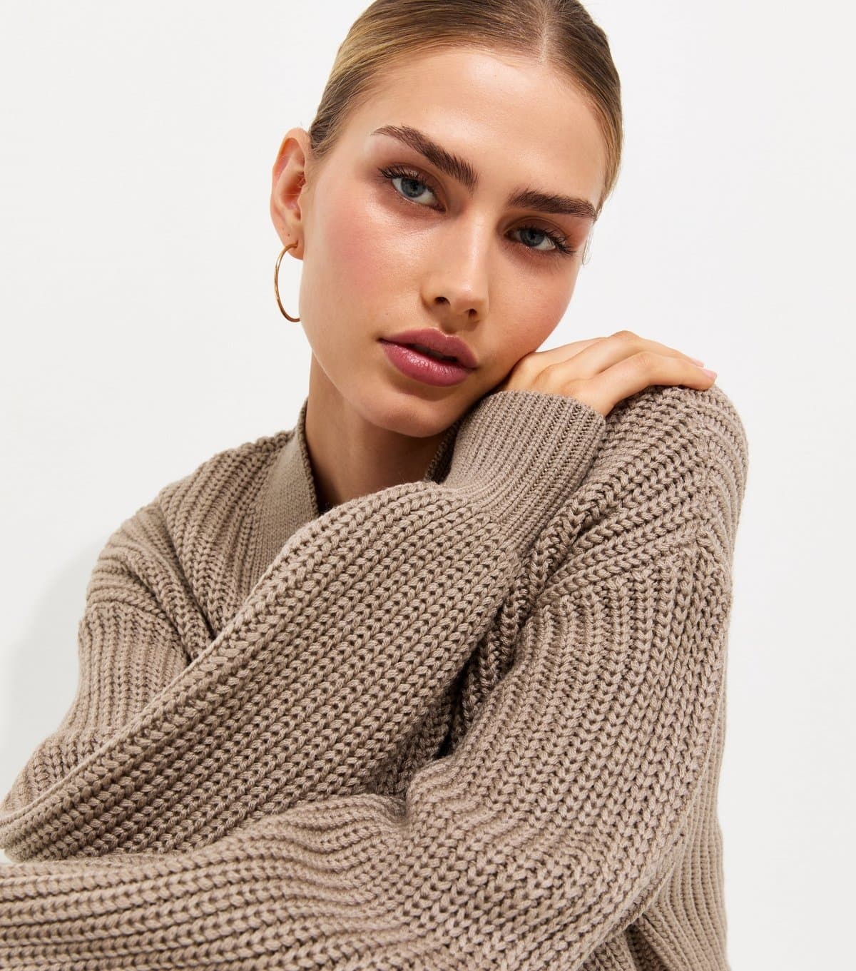 New Look Women's Dark Mink Ribbed Knit Balloon Sleeve Cardigan New Look