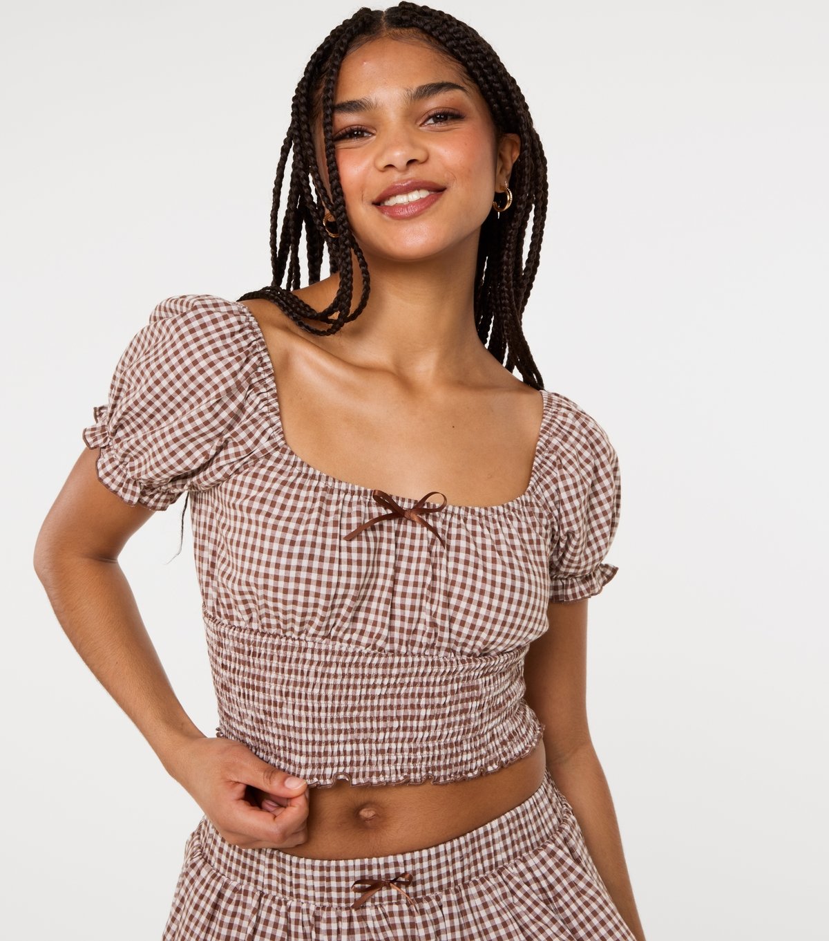 Pink Vanilla Women's Brown Gingham Puff Sleeve Crop Top Pink Vanilla New Look - 3