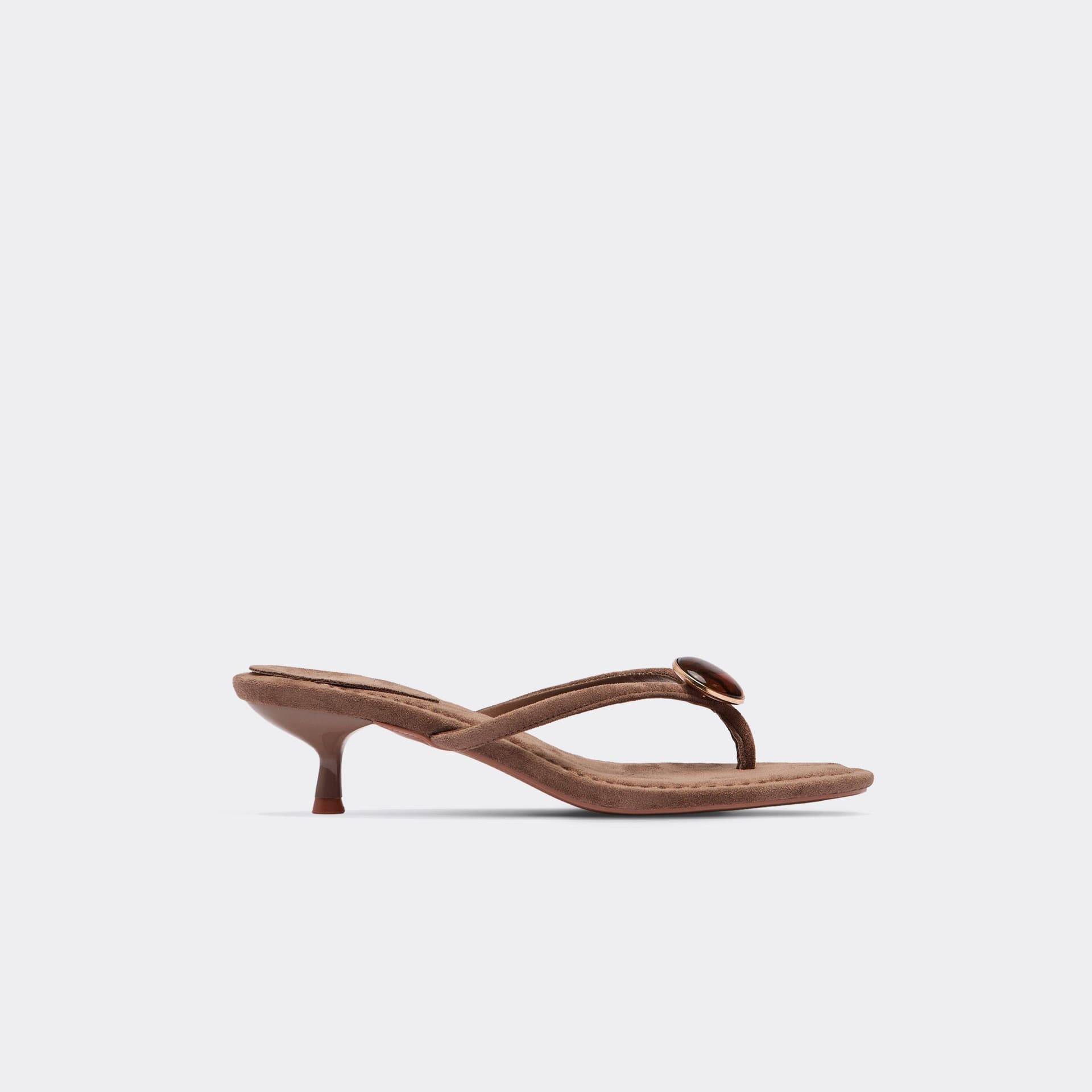 EGO Onni Stone Detail Thong Strap Kitten Heeled Mule In Taupe Faux Suede, Women's Size UK 3