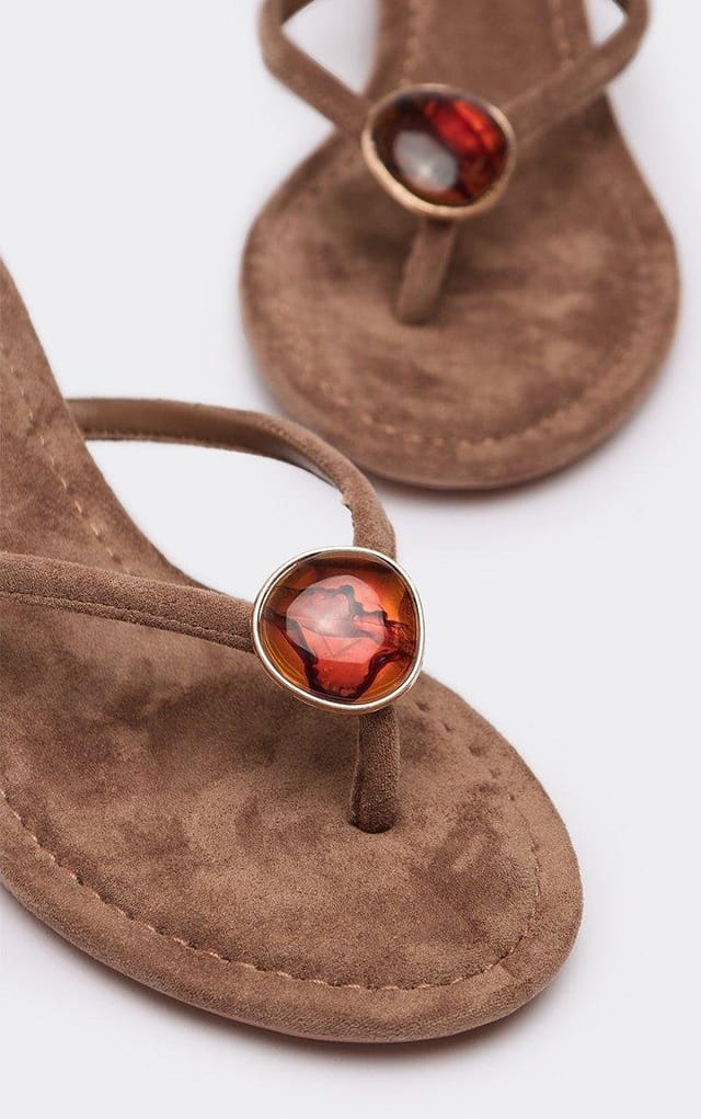 EGO Onni Stone Detail Thong Strap Kitten Heeled Mule In Taupe Faux Suede, Women's Size UK 3 - 2