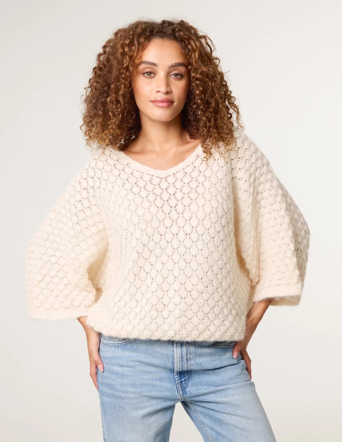 Blue Vanilla Blue Vanilla Beige Pointelle Knit Batwing Jumper