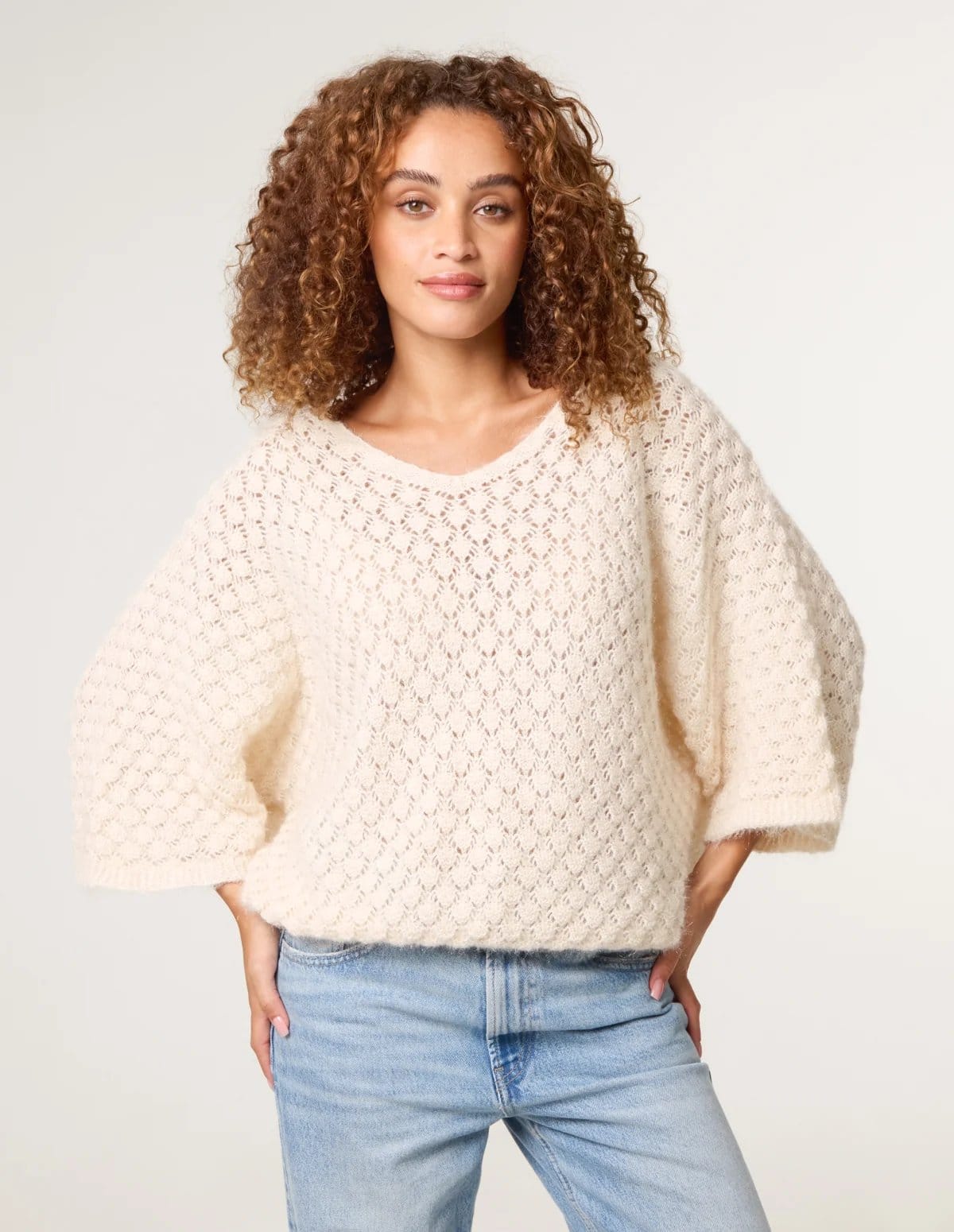 Blue Vanilla Beige Pointelle Knit Batwing Jumper