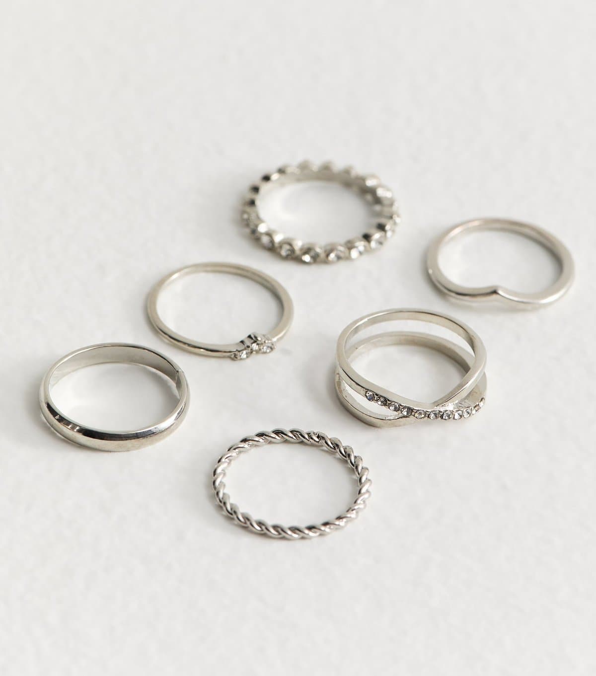 New Look Silver Tone Pack of 6 Diamante Embellished Rings New Look
