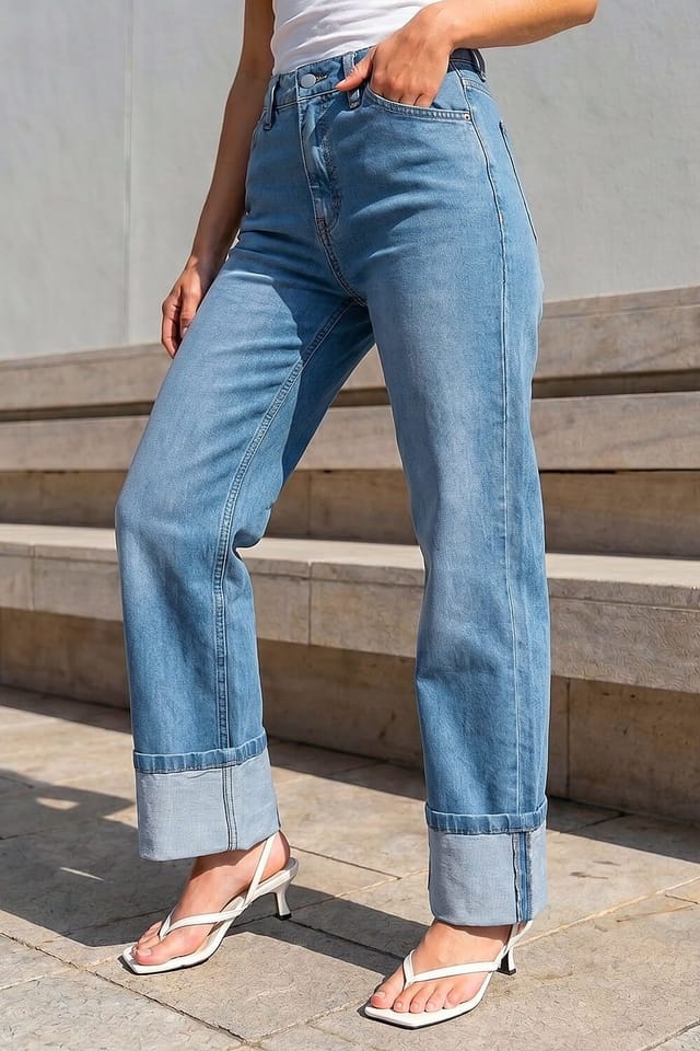 Dusk Dusk Women's Turn Up Wide Leg Jeans in Mid Blue - 2