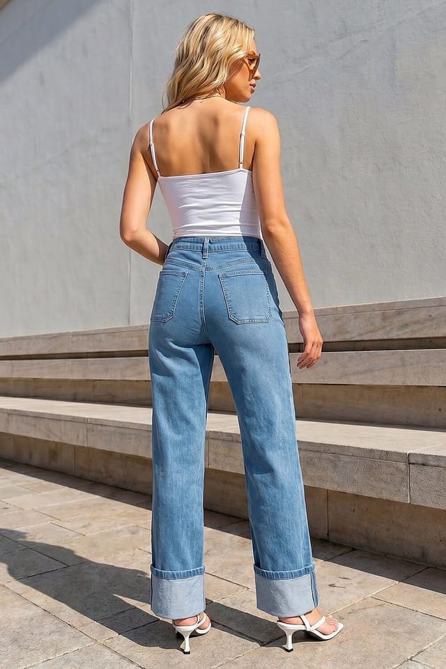 Dusk Dusk Women's Turn Up Wide Leg Jeans in Mid Blue - 3