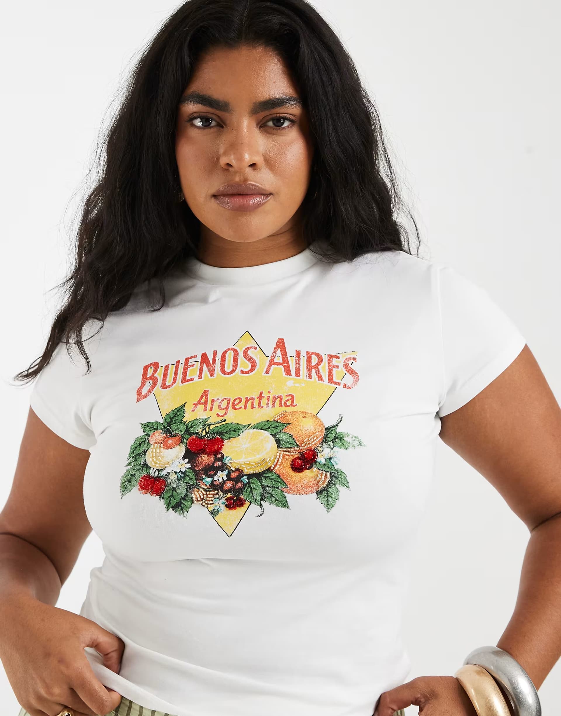 ASOS ASOS DESIGN Curve baby tee with beaded Buenos Aires fruit graphic in white