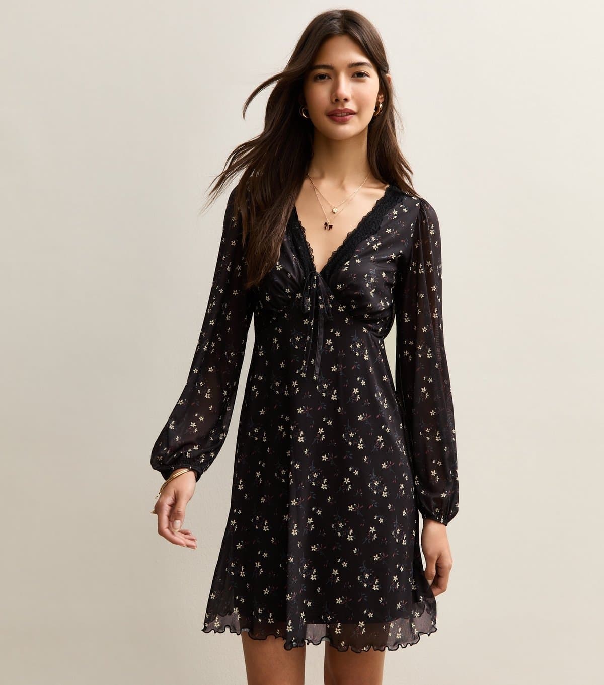 New Look Women's Black Floral Mesh Long Sleeve Mini Dress New Look