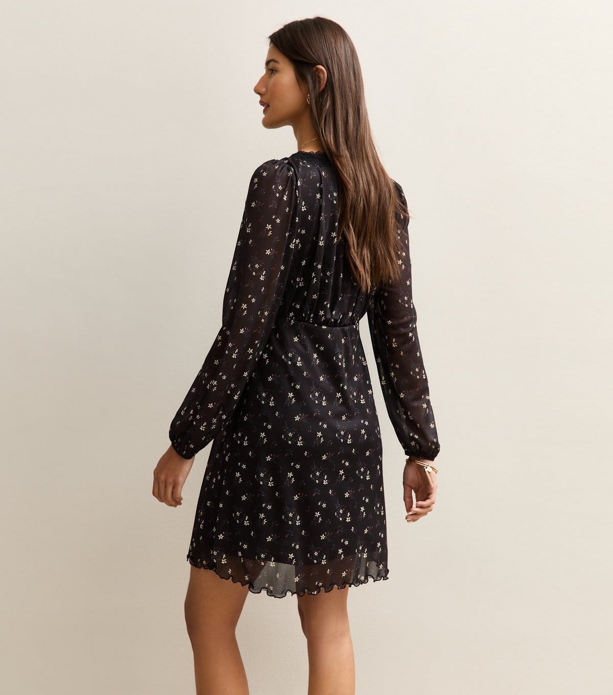 New Look Women's Black Floral Mesh Long Sleeve Mini Dress New Look - 4