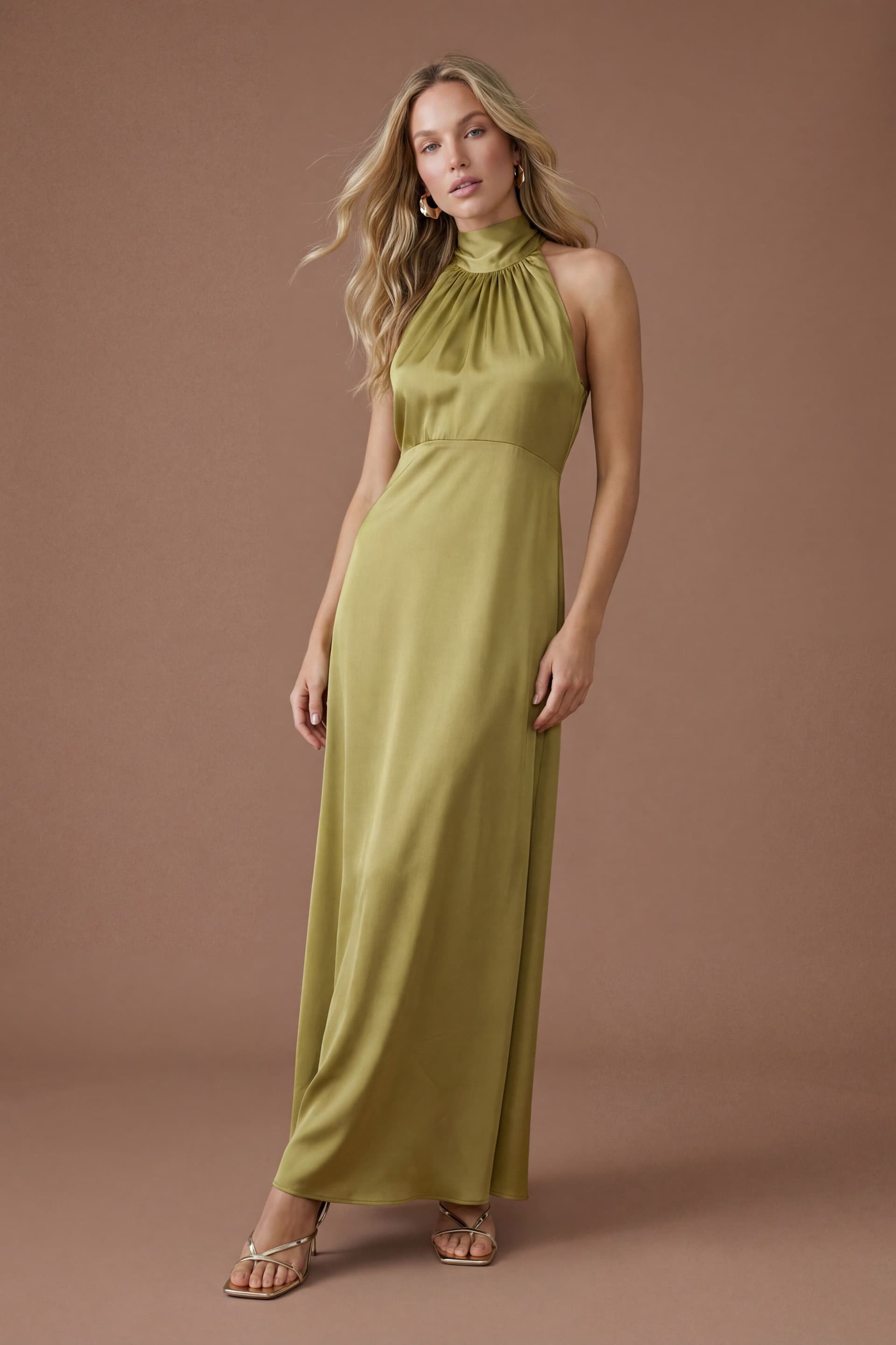 Oasis Oasis Women's Olive Satin Halter Neck Maxi Bridesmaid Dress