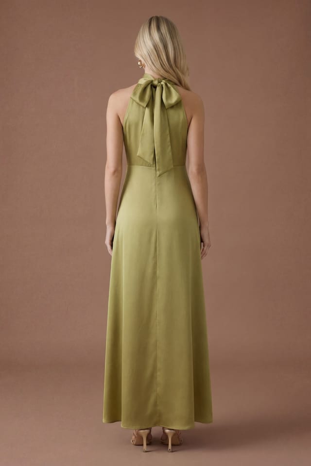 Oasis Oasis Women's Olive Satin Halter Neck Maxi Bridesmaid Dress - 3