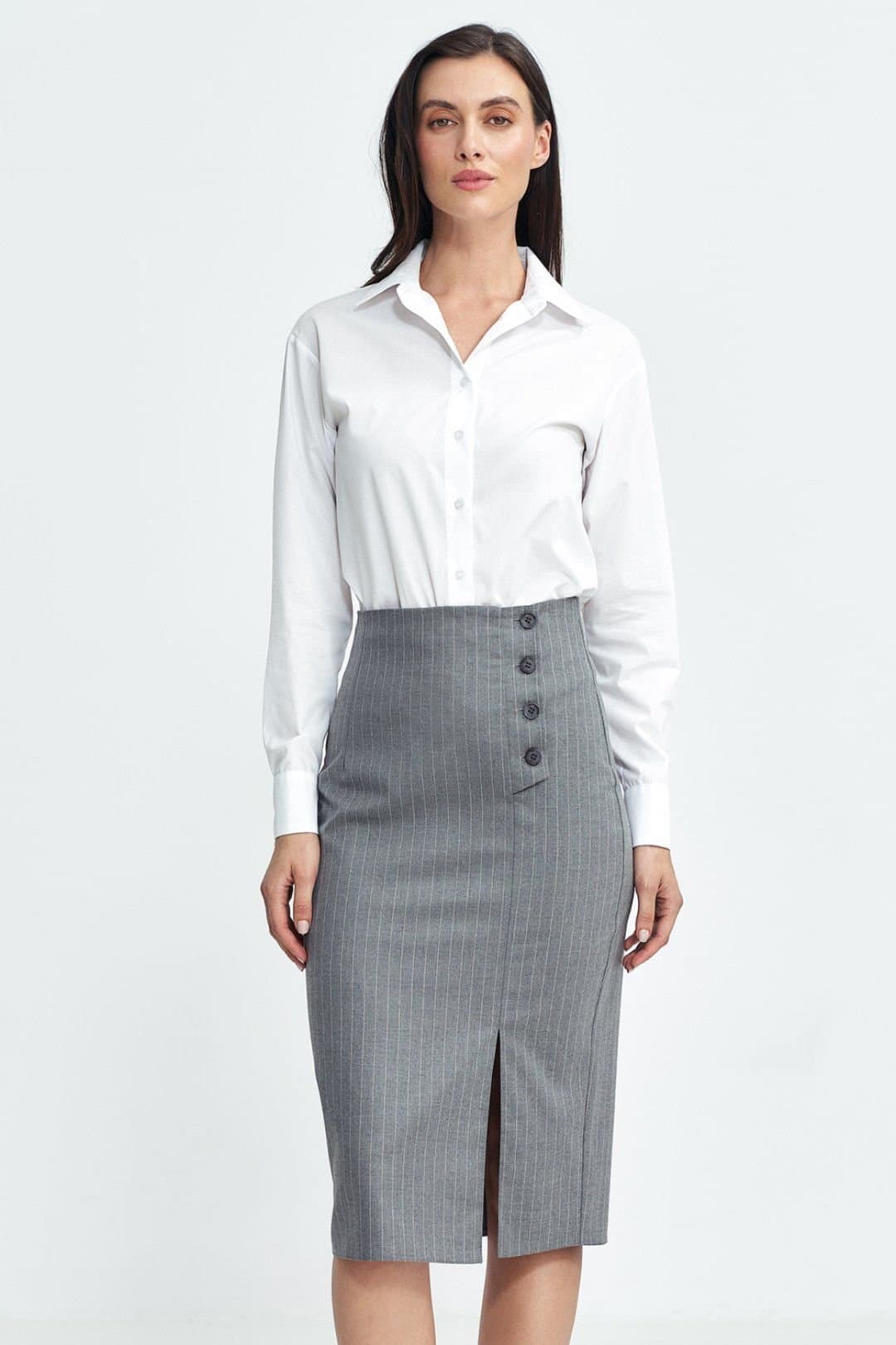 Love Lace Love Lace Grey Stripe Midi Skirt with Side Button Slit