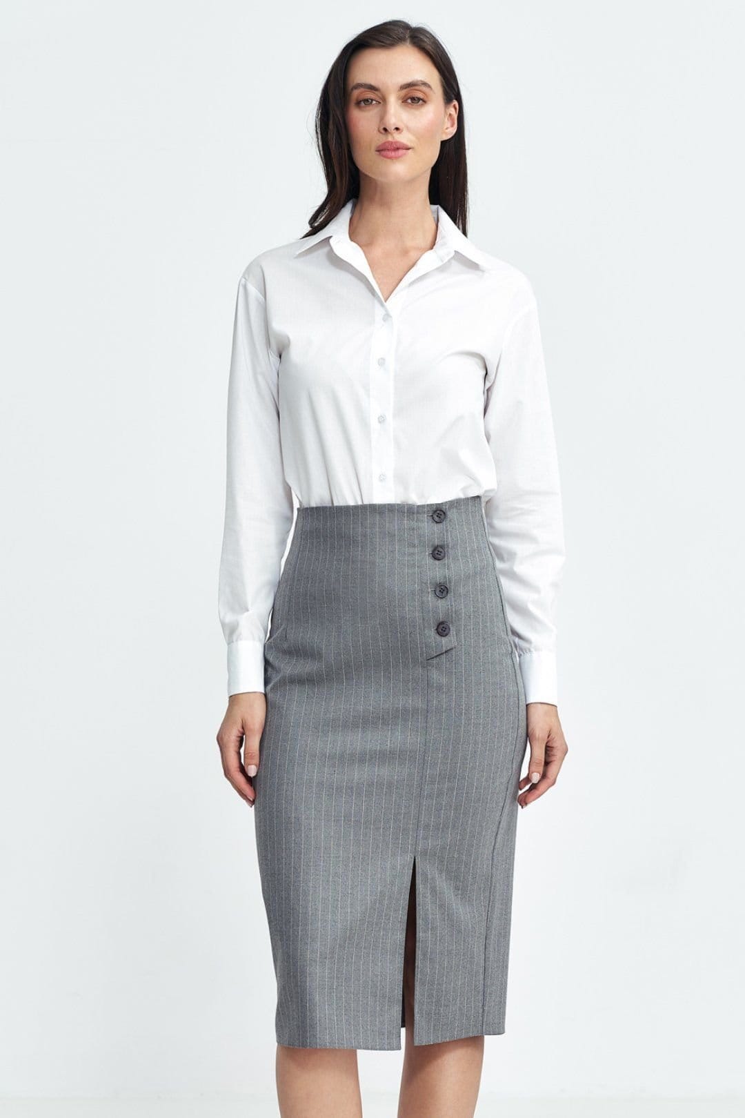 Love Lace Grey Stripe Midi Skirt with Side Button Slit