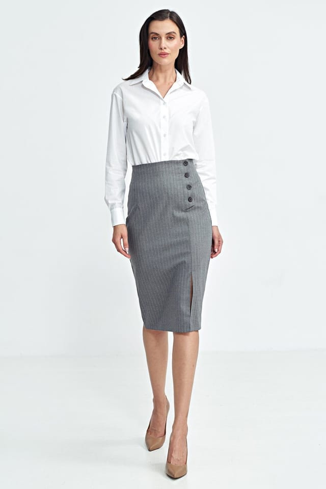 Love Lace Love Lace Women's High Waist Stripe Midi Skirt Side Button Slit in Grey - 2