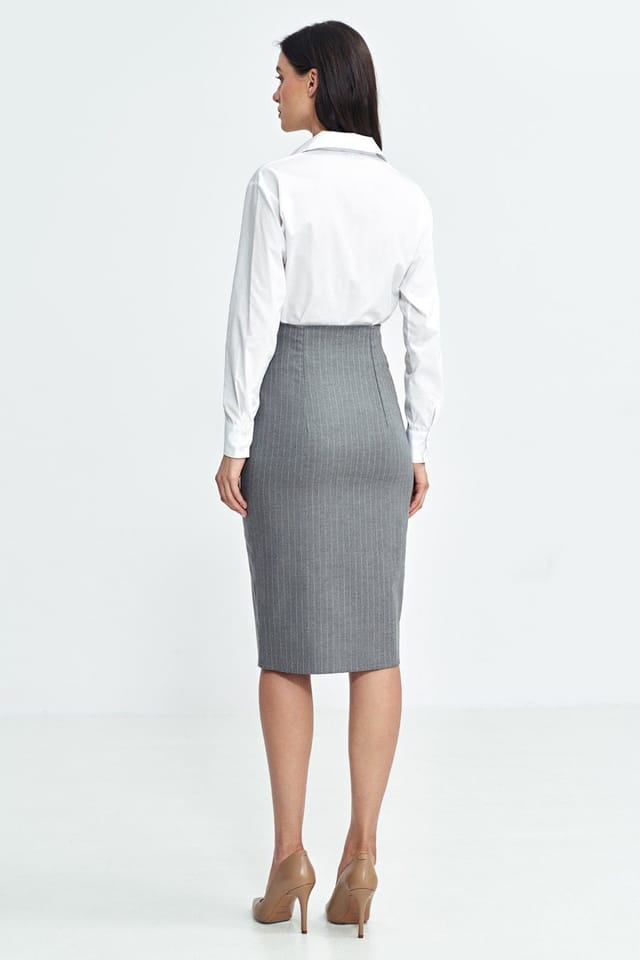 Love Lace Love Lace Women's High Waist Stripe Midi Skirt Side Button Slit in Grey - 3