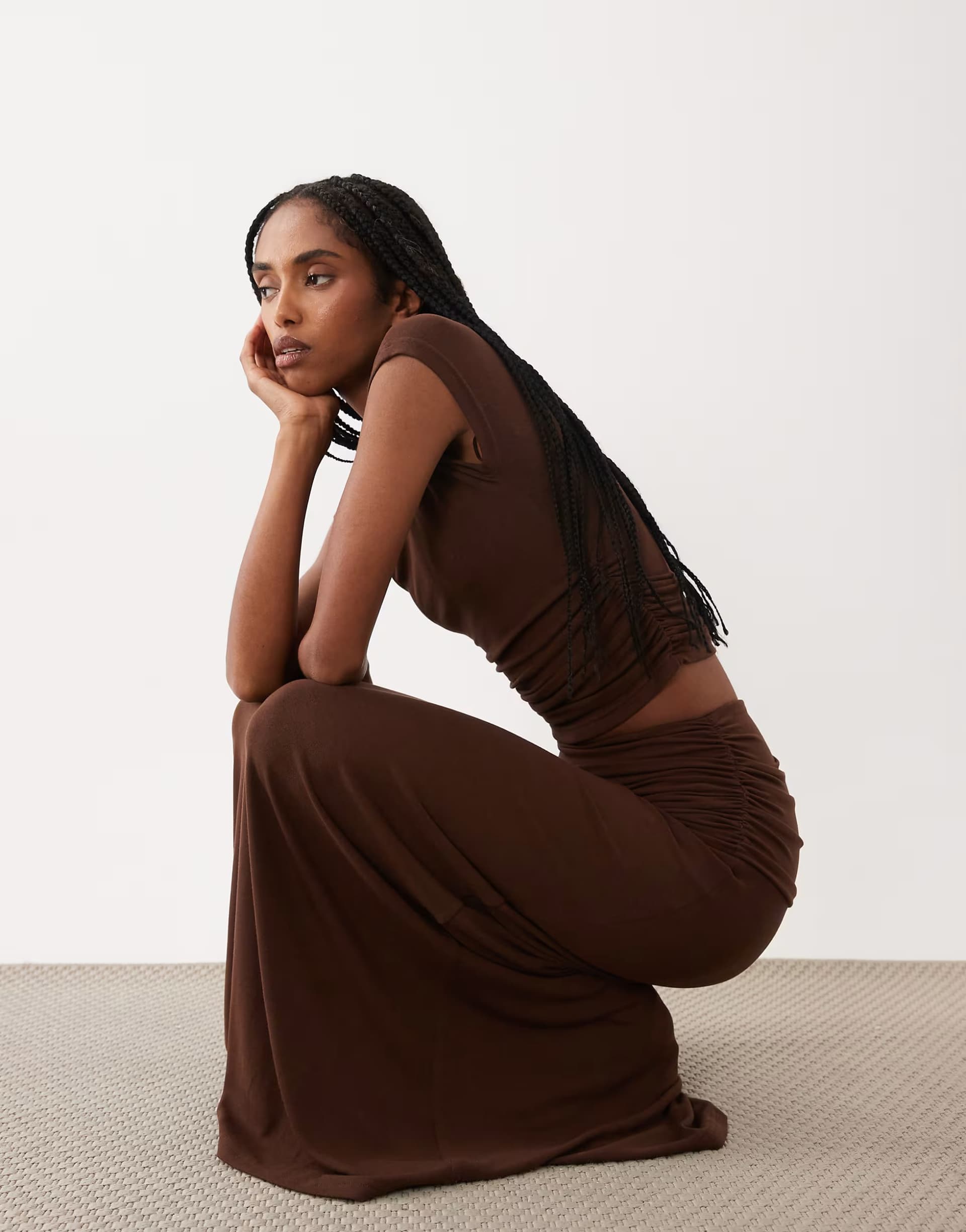ASOS 4th & Reckless fold over ruched side maxi skirt co-ord in chocolate