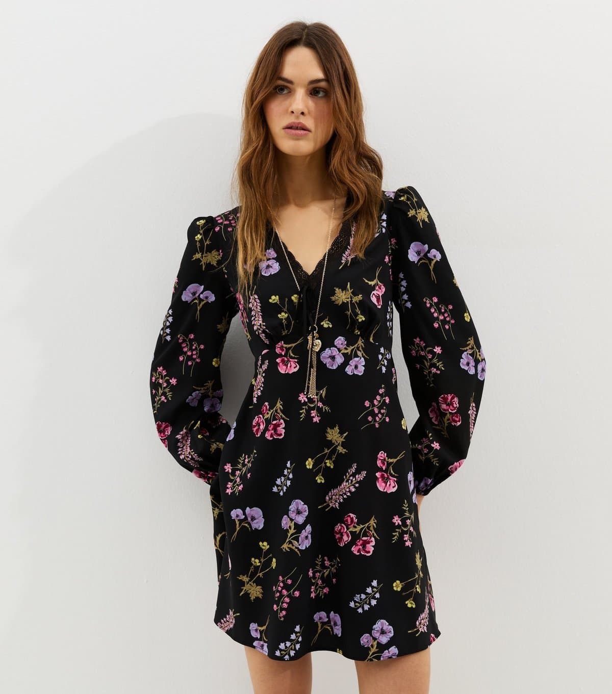 New Look Women's Black Floral Lace Trim Puff Sleeve Mini Dress New Look