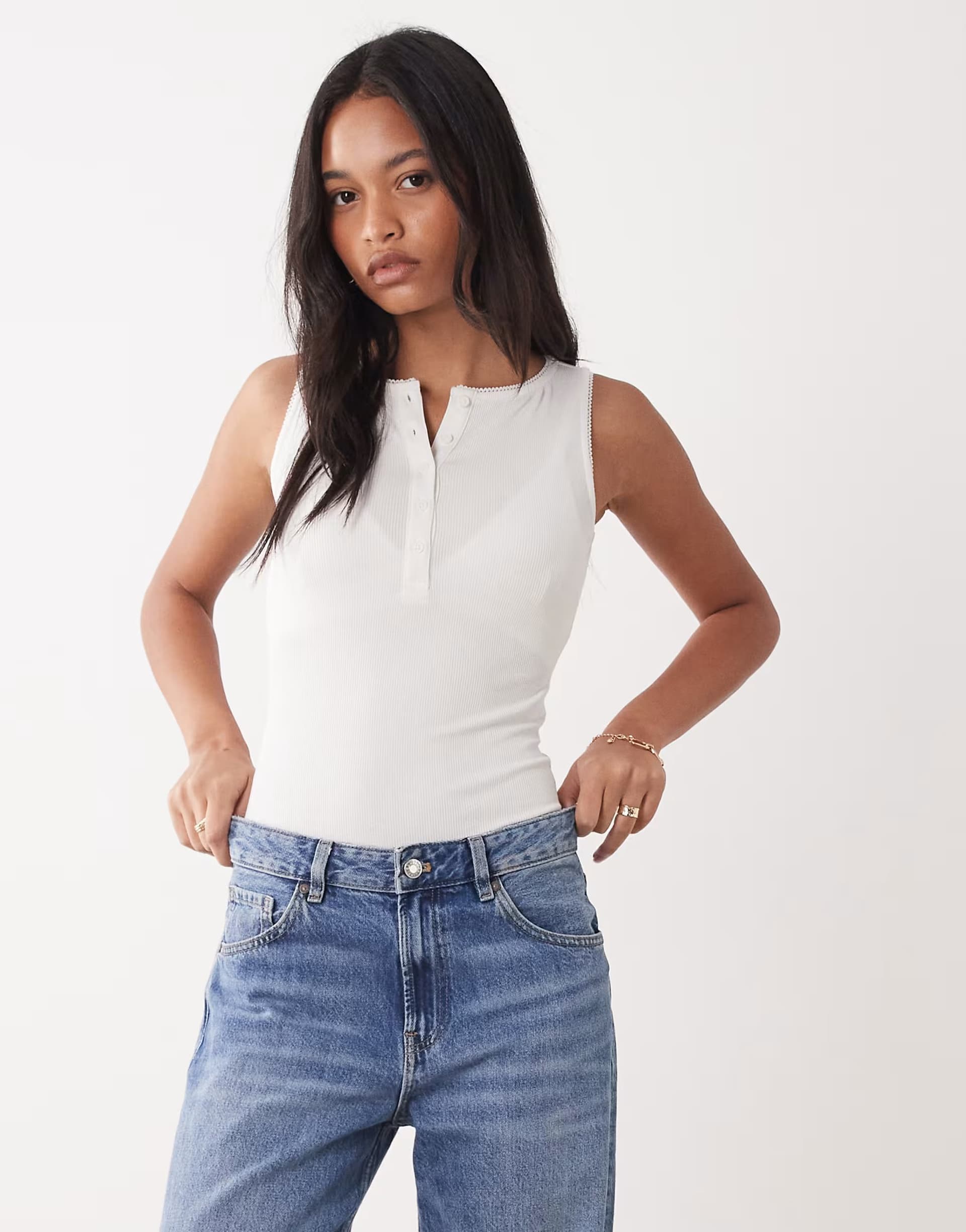ASOS Miss Selfridge button through sleeveless bodysuit in white
