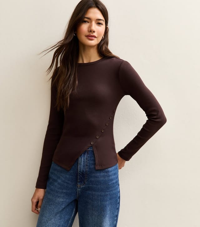 New Look Women's Brown Asymmetric Button Long Sleeve Top New Look - 2