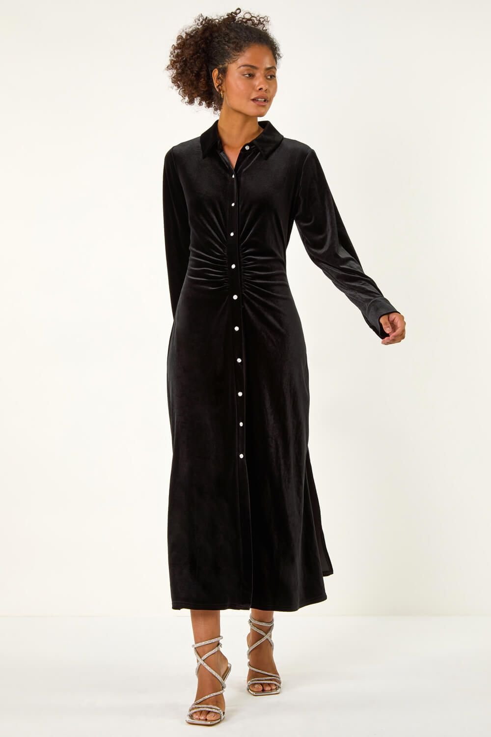 Dusk Dusk Women's Velvet Button Midi Shirt Dress in Black - 3