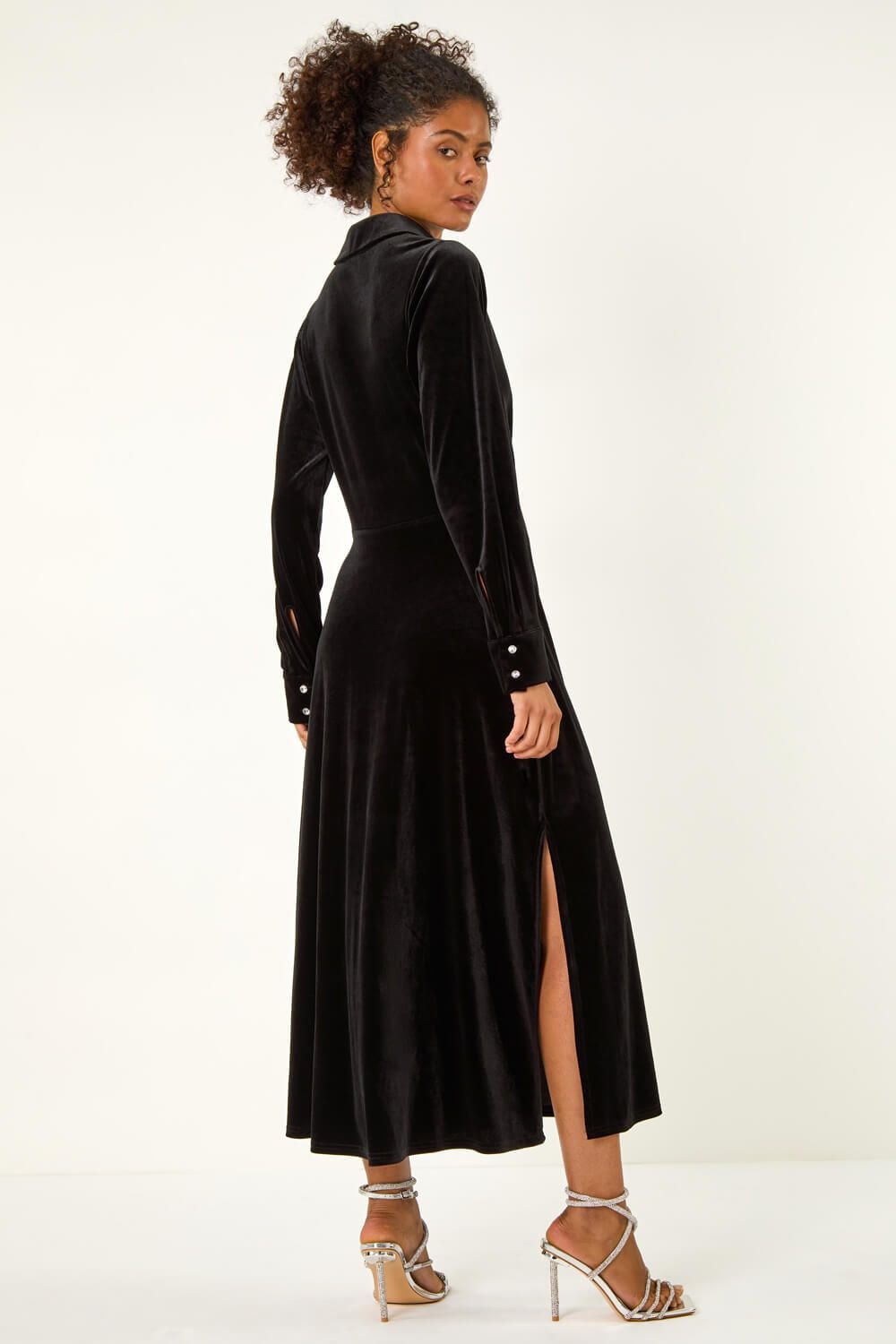 Dusk Dusk Women's Velvet Button Midi Shirt Dress in Black - 4