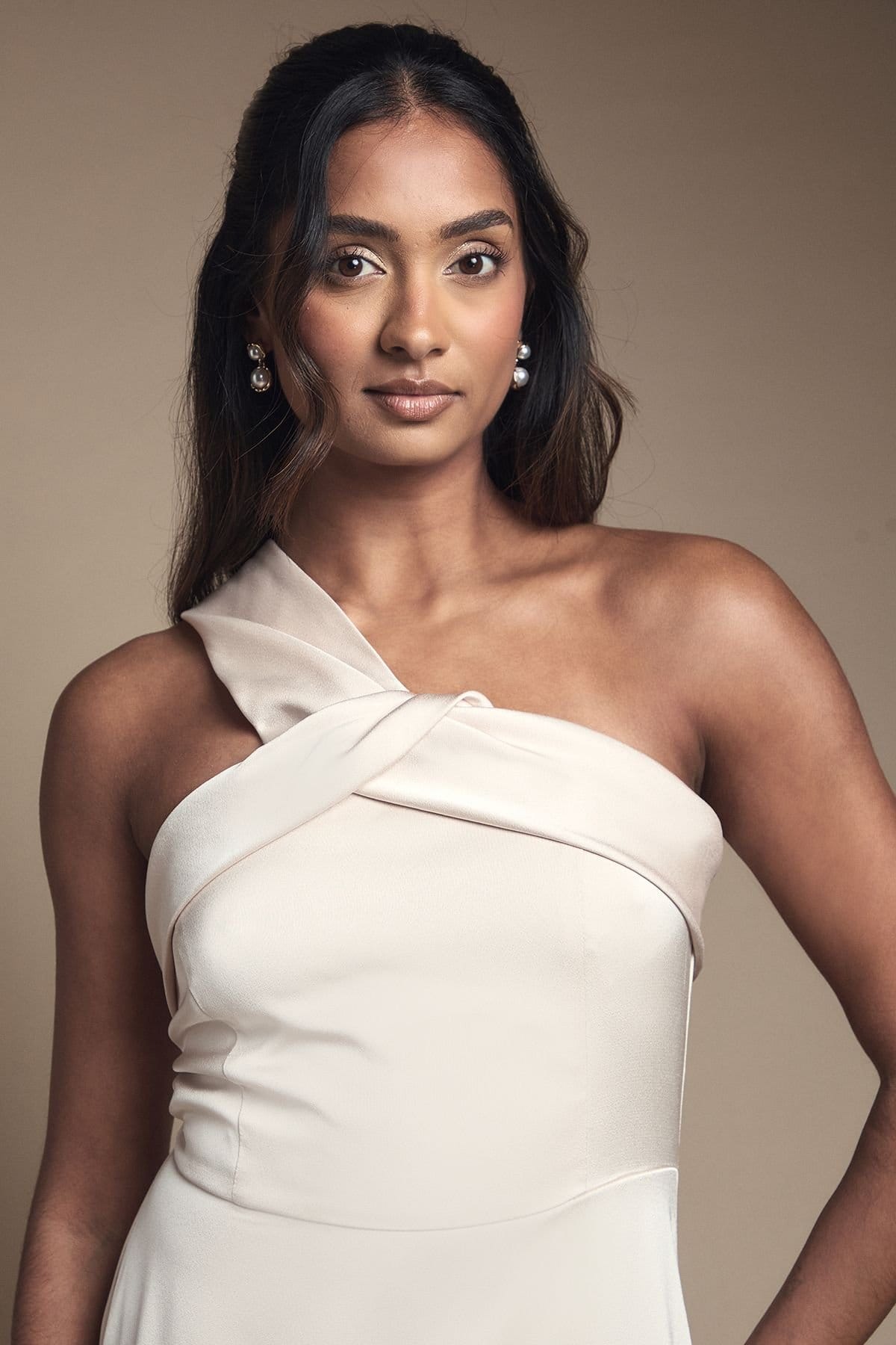 Coast Coast Women's Asymmetric Neckline Satin Bridesmaid Maxi Dress in Champagne - 4