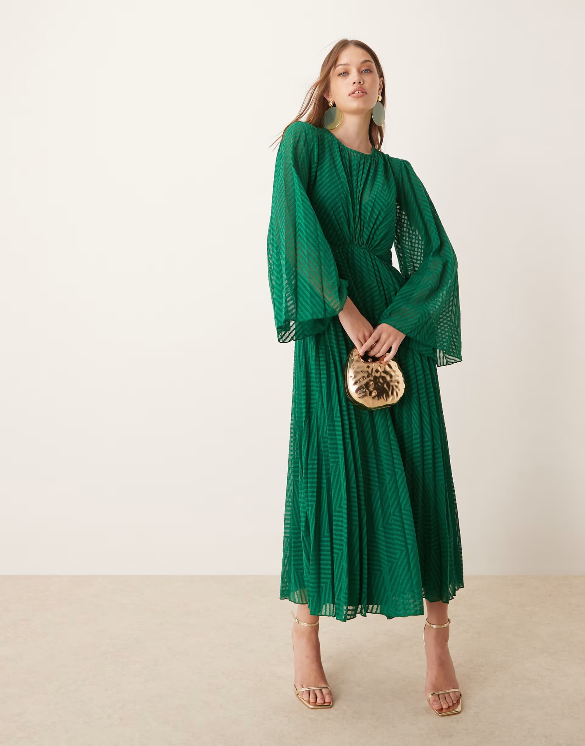ASOS ASOS DESIGN tie back fluted sleeve pleated chevron chiffon midi dress in green