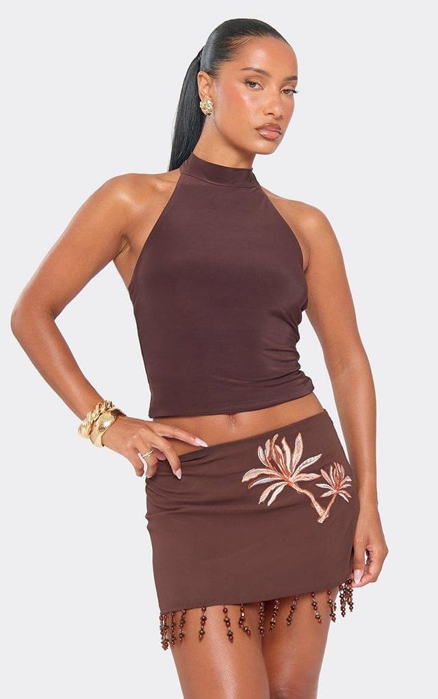 EGO Halterneck Open Back Top In Brown, Women's Size UK 6 - 2