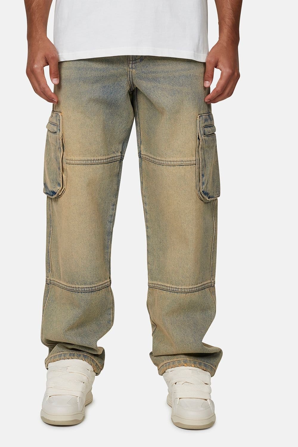 Good For Nothing Men's Baggy Washed Cargo Denim Jeans in Blue