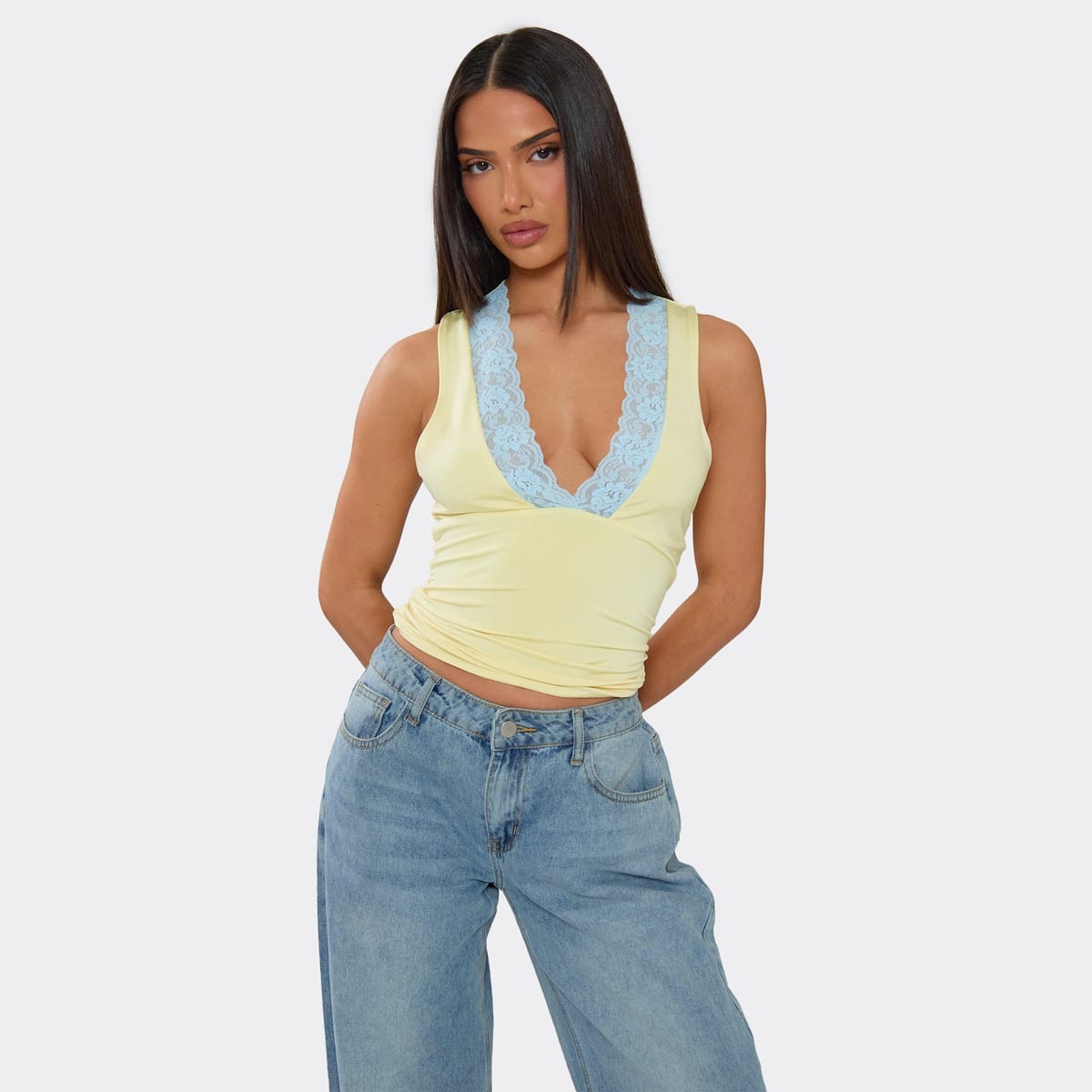 EGO Sleeveless Plunge Front Contrast Lace Trim Top In Lemon, Women's Size UK 6 - 1