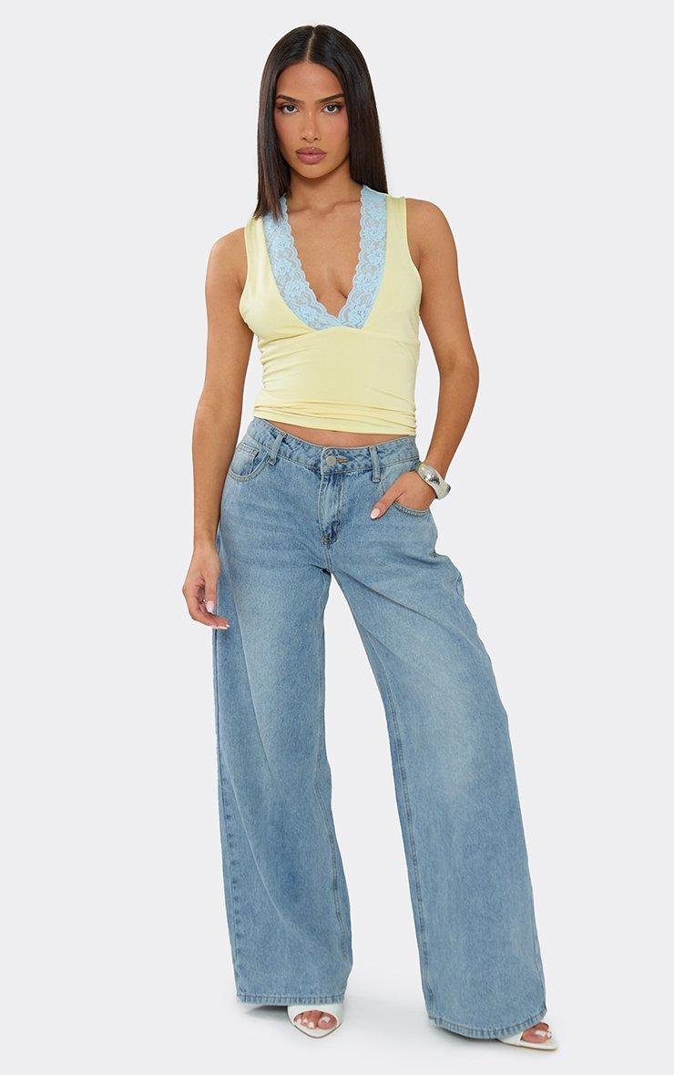 EGO Sleeveless Plunge Front Contrast Lace Trim Top In Lemon, Women's Size UK 6 - 2