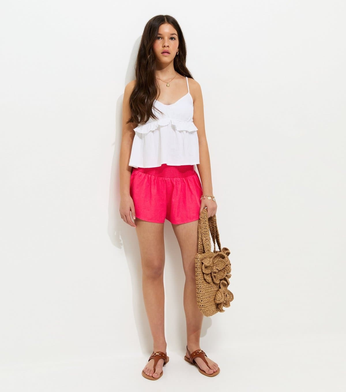New Look Girls' Dark Coral Shirred Waist Linen Rich Shorts New Look