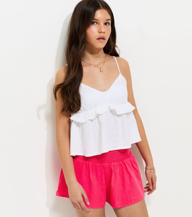 New Look Girls' Dark Coral Shirred Waist Linen Rich Shorts New Look - 2