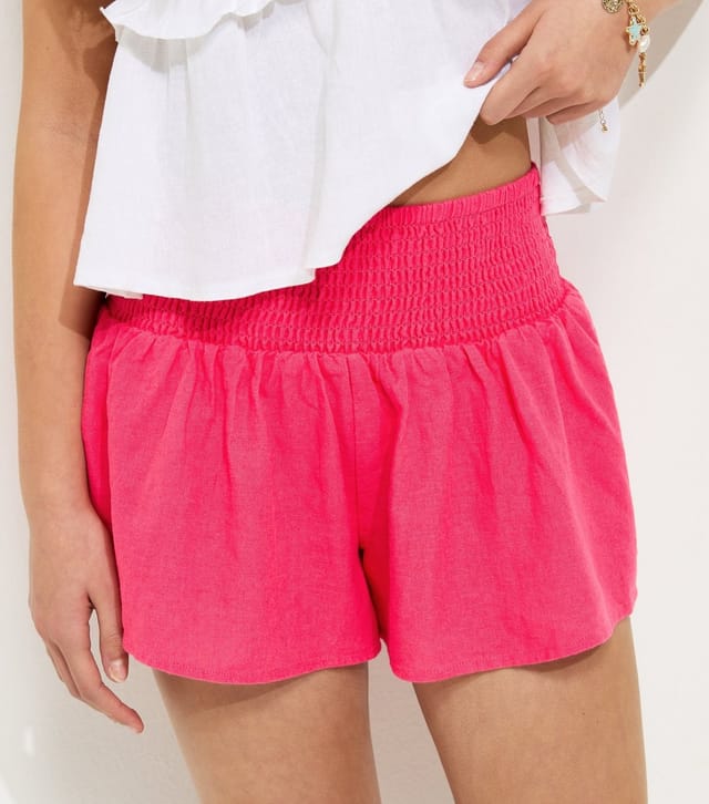New Look Girls' Dark Coral Shirred Waist Linen Rich Shorts New Look - 3