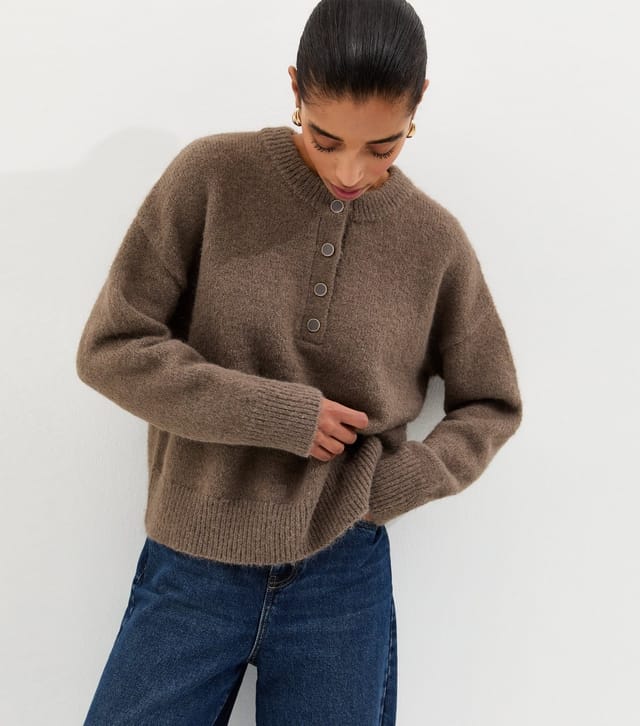 New Look Women's Dark Mink Brushed Henley Jumper New Look - 2