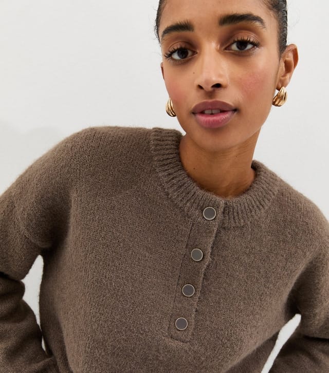 New Look Women's Dark Mink Brushed Henley Jumper New Look - 3