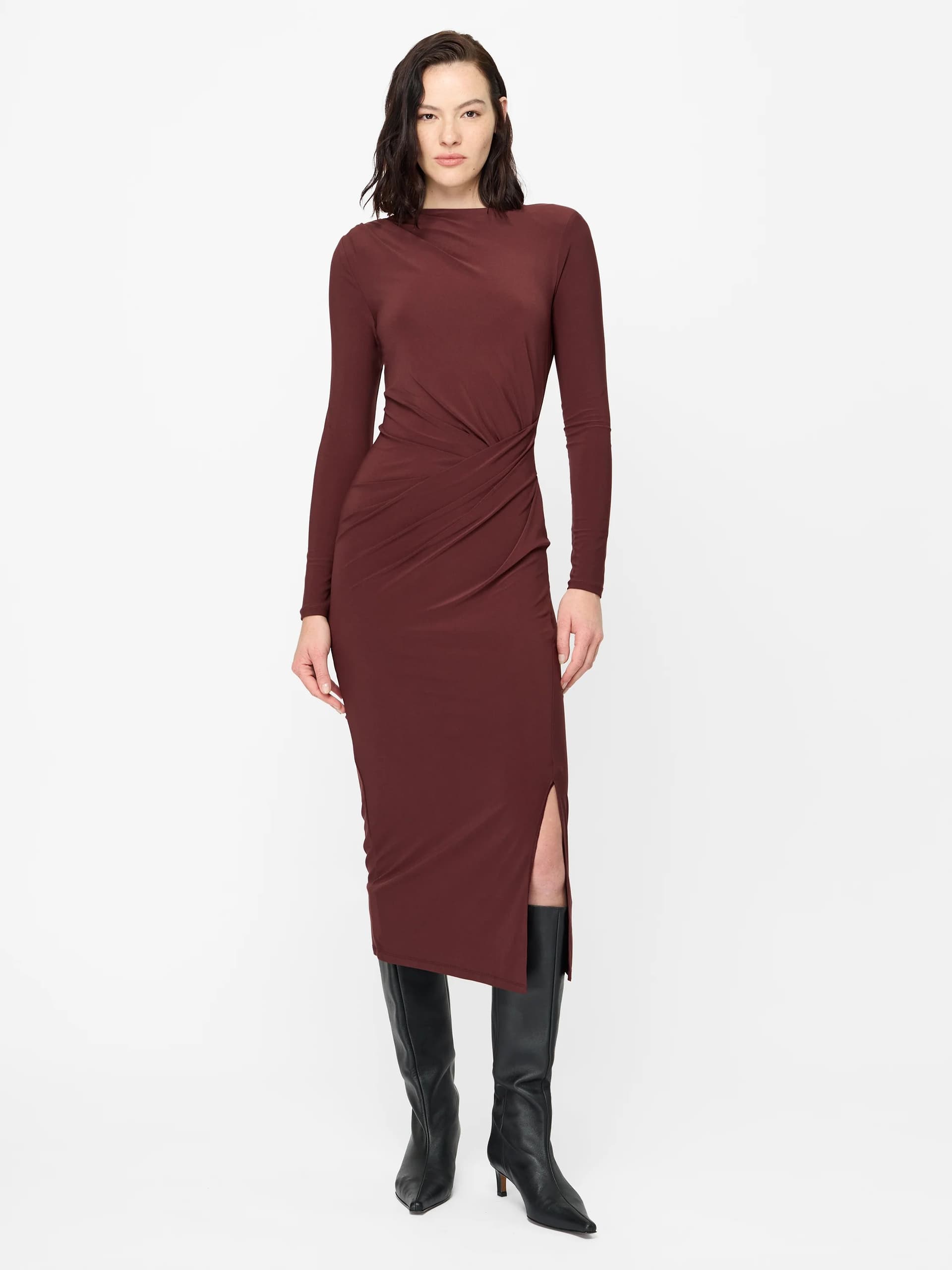 French Connection Slinky Burgundy Jersey Draped Long Sleeve Midi Dress Cherry Liqueur