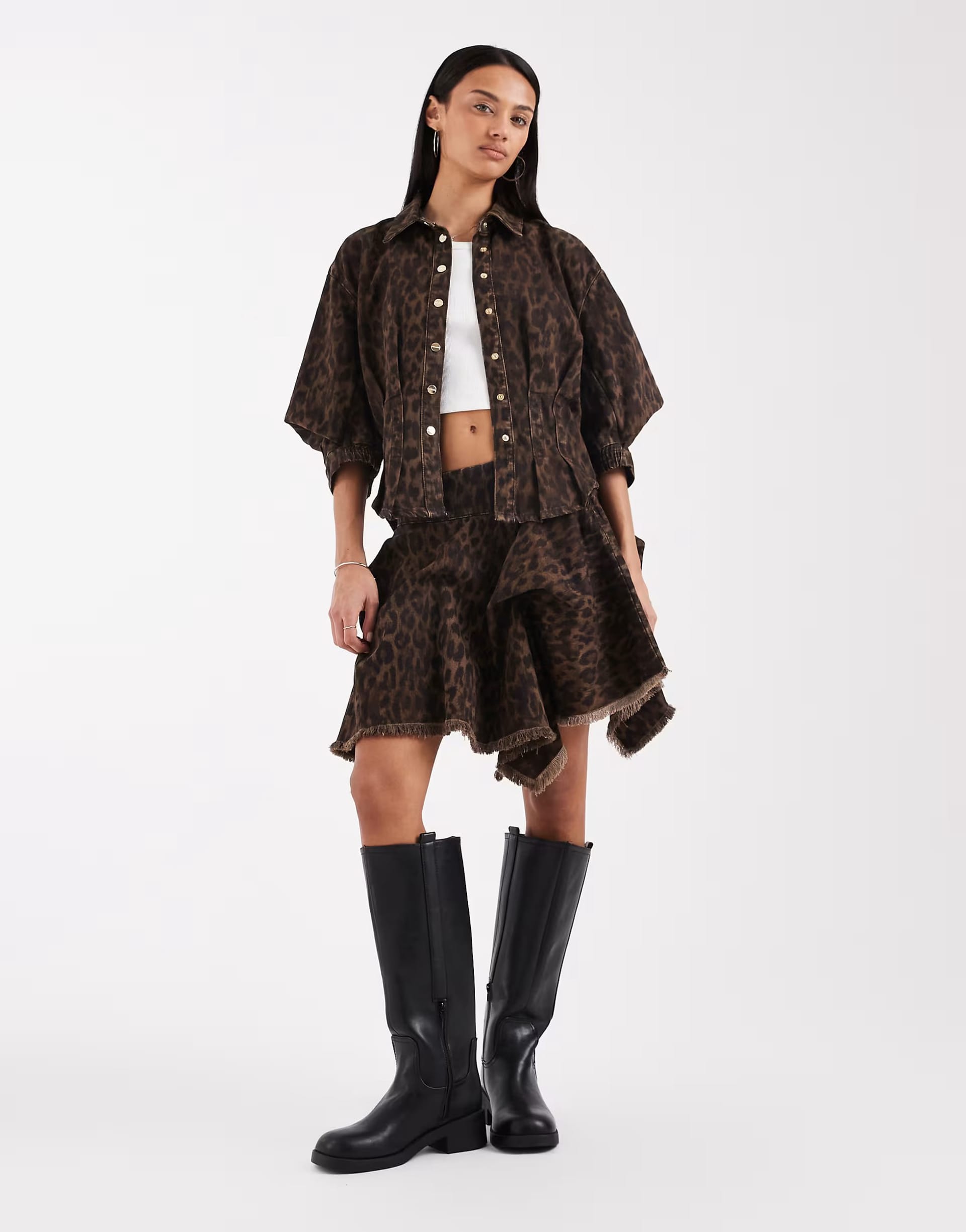 AllSaints nancy balloon sleeve leopard print denim top in brown