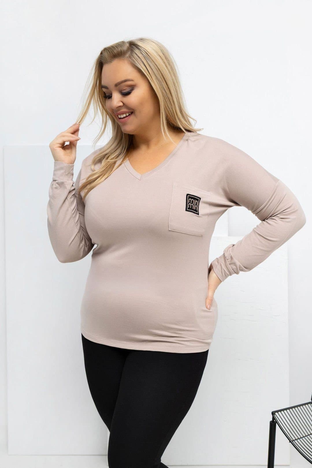 Love Lace Love Lace Women's Plus Size V Neck Blouse With Chest Pocket in Beige